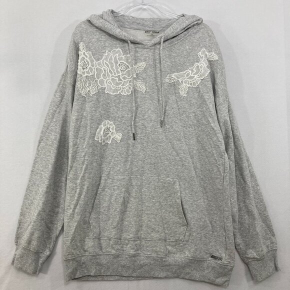 Betsey Johnson size XL Gray Floral Lace Stretch Comfy Slouchy Hooded Sweatshirt - Picture 1 of 8